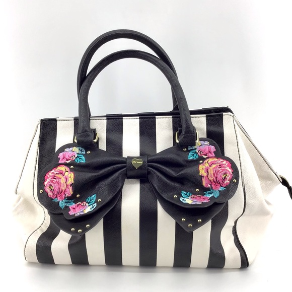 Betsey Johnson Handbags - BETSEY JOHNSON Large Embroidered Bow Wing Satchel Striped Bag